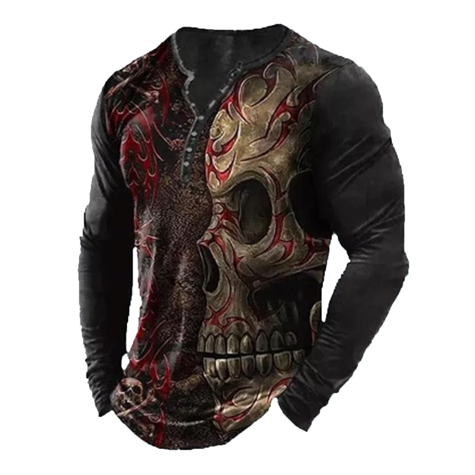 Keephen Men's # 5 Skull Graphic Print T-Shirt Retro V-Neck Long Sleeve Henley Shirts Gothic Button Down Vintage Tops