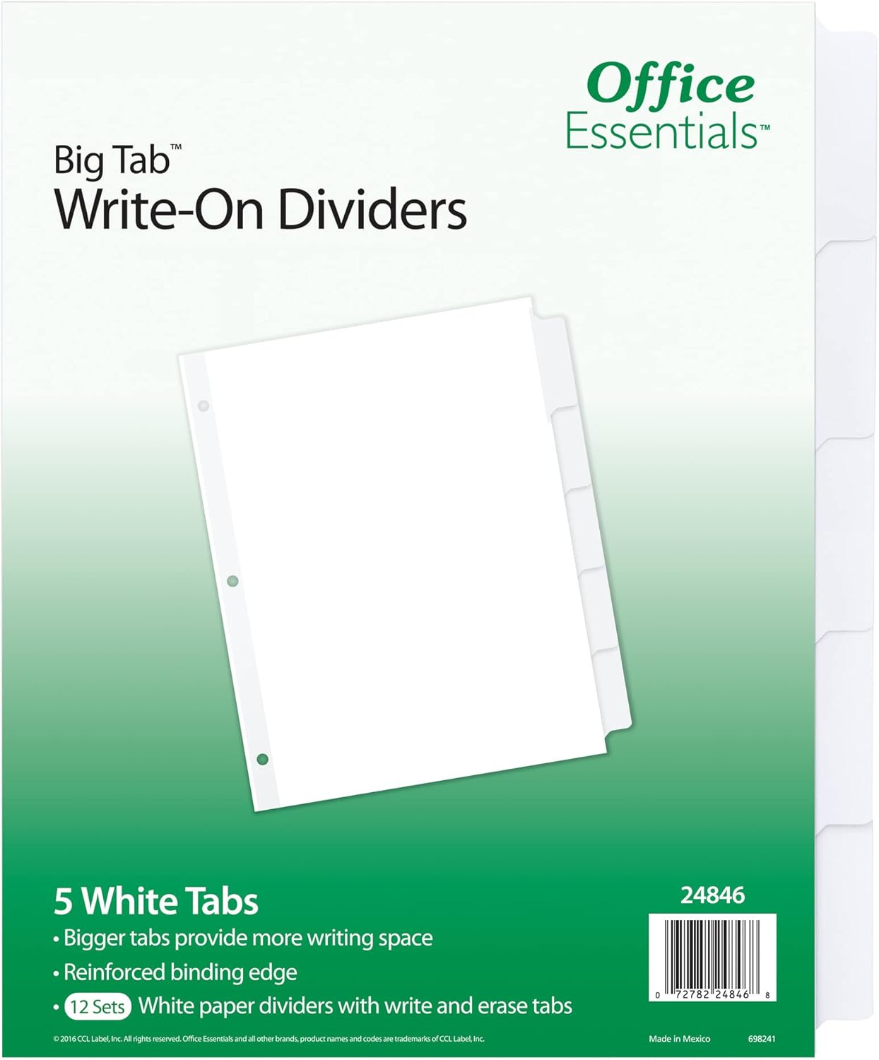 Office Essentials Big Tab Write-On Dividers, 8-1/2 x 11, 5-Tab, White, 48 Pack (24846)