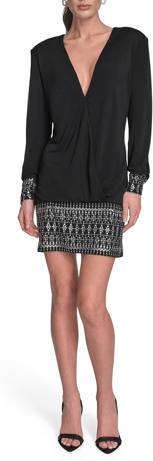 BCBG Women's Long Sleeve Plunge V-Neck Stretch Bodycon Mini Dress - Image 2