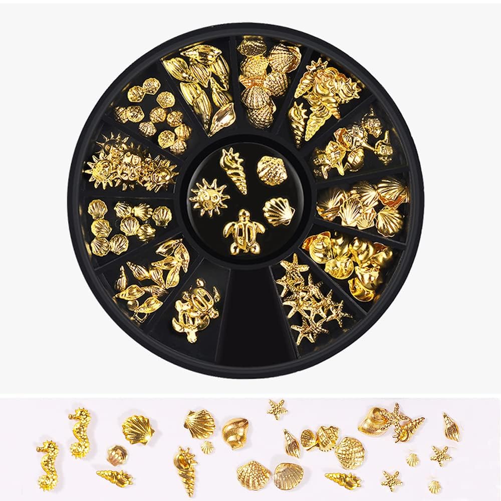 12 Styles Golds Nail Art Metal Studs Golds Metallic 3D Pieces Rivet Palm Tree Turtles Marine Life Charms for Summer Beach Ocean Manicure DIY Acrylic Nails Design Supply (Gold Ocean Studs)-image-6