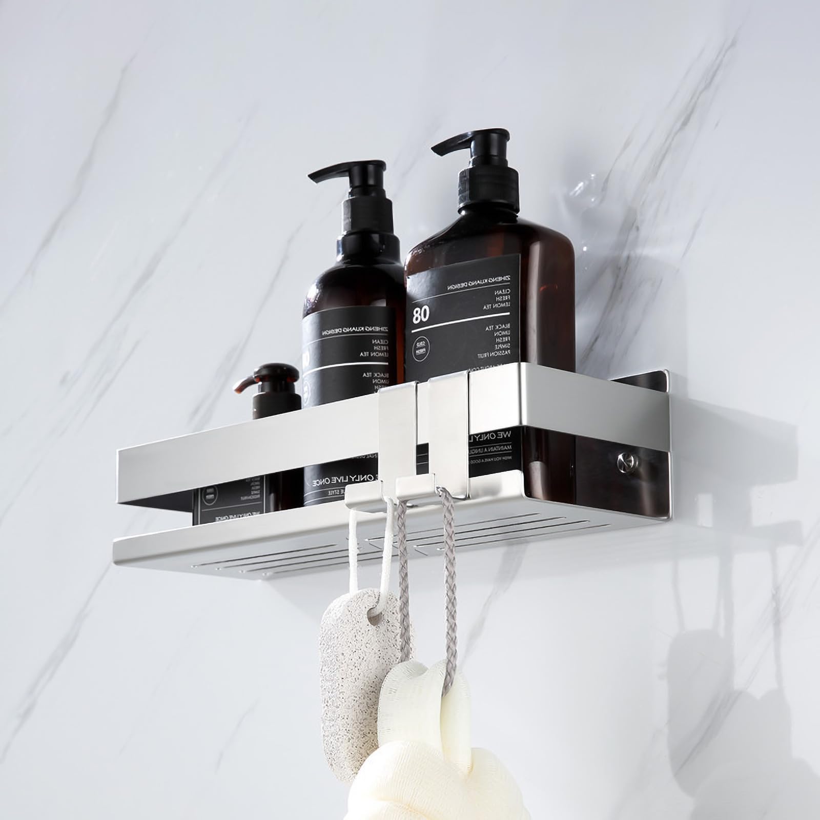 EXLECO Mensola Doccia Senza Foratura 30 CM Acciaio Inox Cromo Spazzolato con 2 Ganci Mobili Porta Shampoo