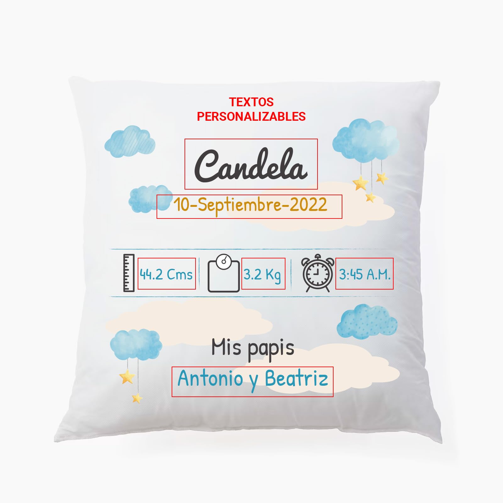 Deliex delicias de Extremadura. Cojín bebé Personalizado con Datos de Nacimiento. Regalos Personalizados Recién Nacidos. Varios tamaños. Relleno Incluido. (25 x 25 cms 2 Caras)