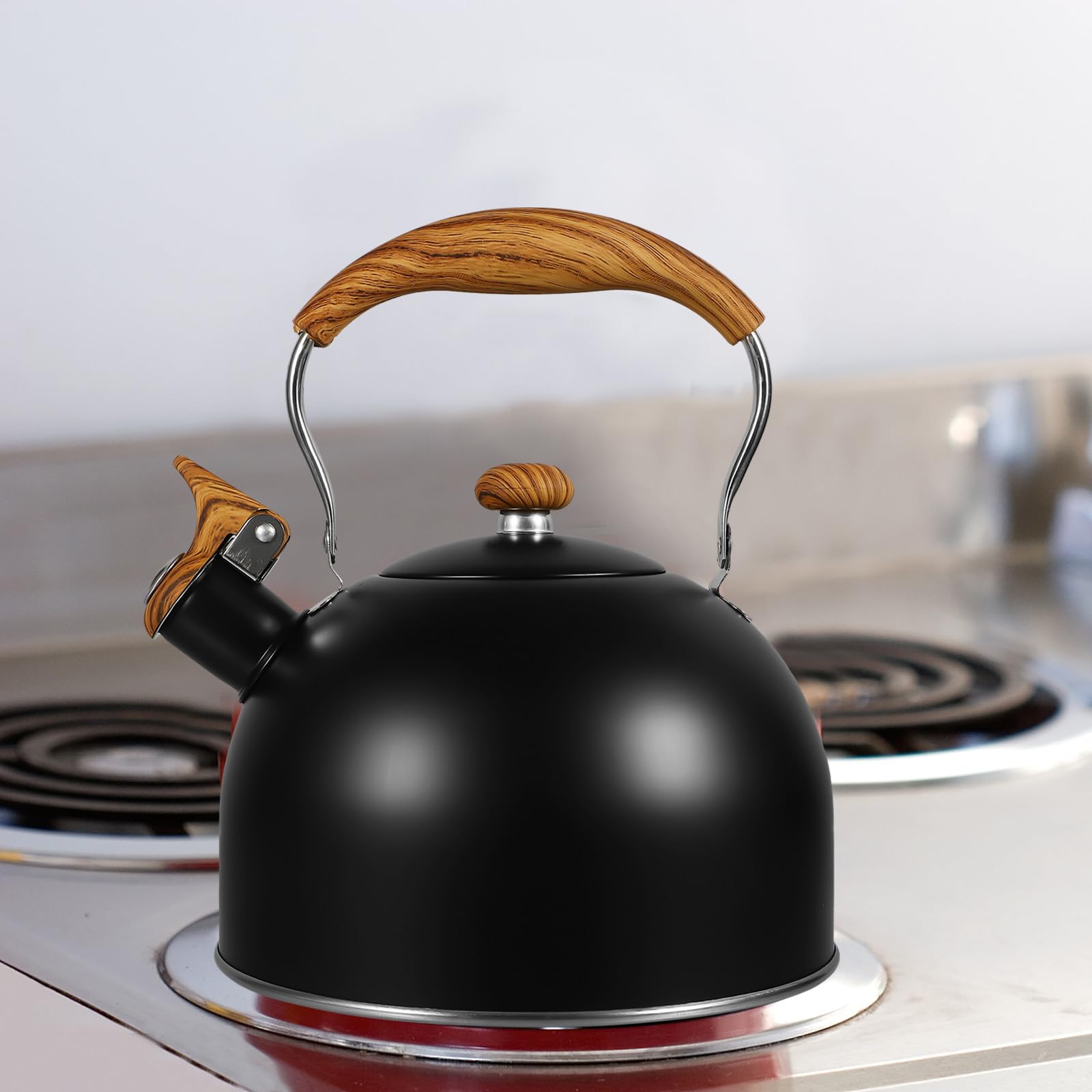 Outanaya Bollitore per Tè Domestico da 2.5l Manico in Legno, Acciaio Inossidabile, Riscaldamento Rapido e Fischio Automatico, Design Elegante per Cucina
