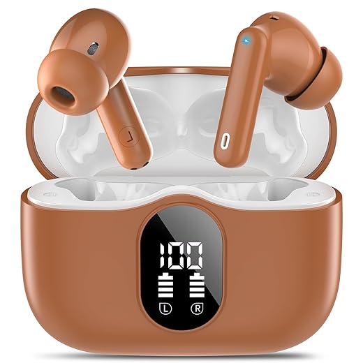 Wireless Earbuds, Bluetooth 5.4 Headphones Bass Stereo, Ear Buds with Noise Cancelling Mic, LED Display in Ear Earphones Clear Calls, IP7 Waterproof Bluetooth Earbuds for Laptop/Phones/Sports, Brown