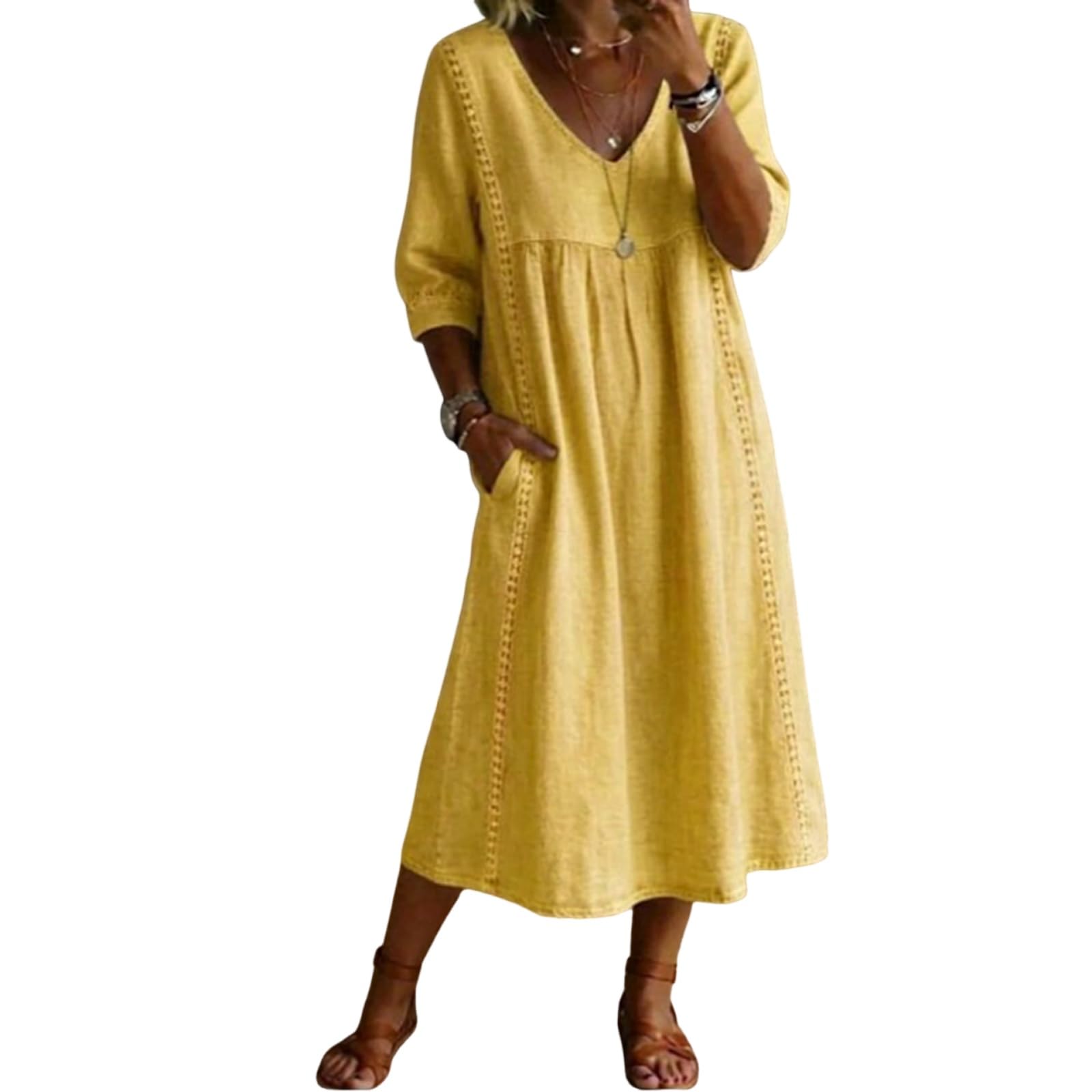 Musselin Kleid Damen Lang Sommerkleid Damen Leicht Und Luftig Leinenkleid Sommer Kleider Mit Schleife A Linie Maxikleid Elegant Schick Sommerkleider 3/4 Ärmel Leinen Strandkleid Frauen Casual