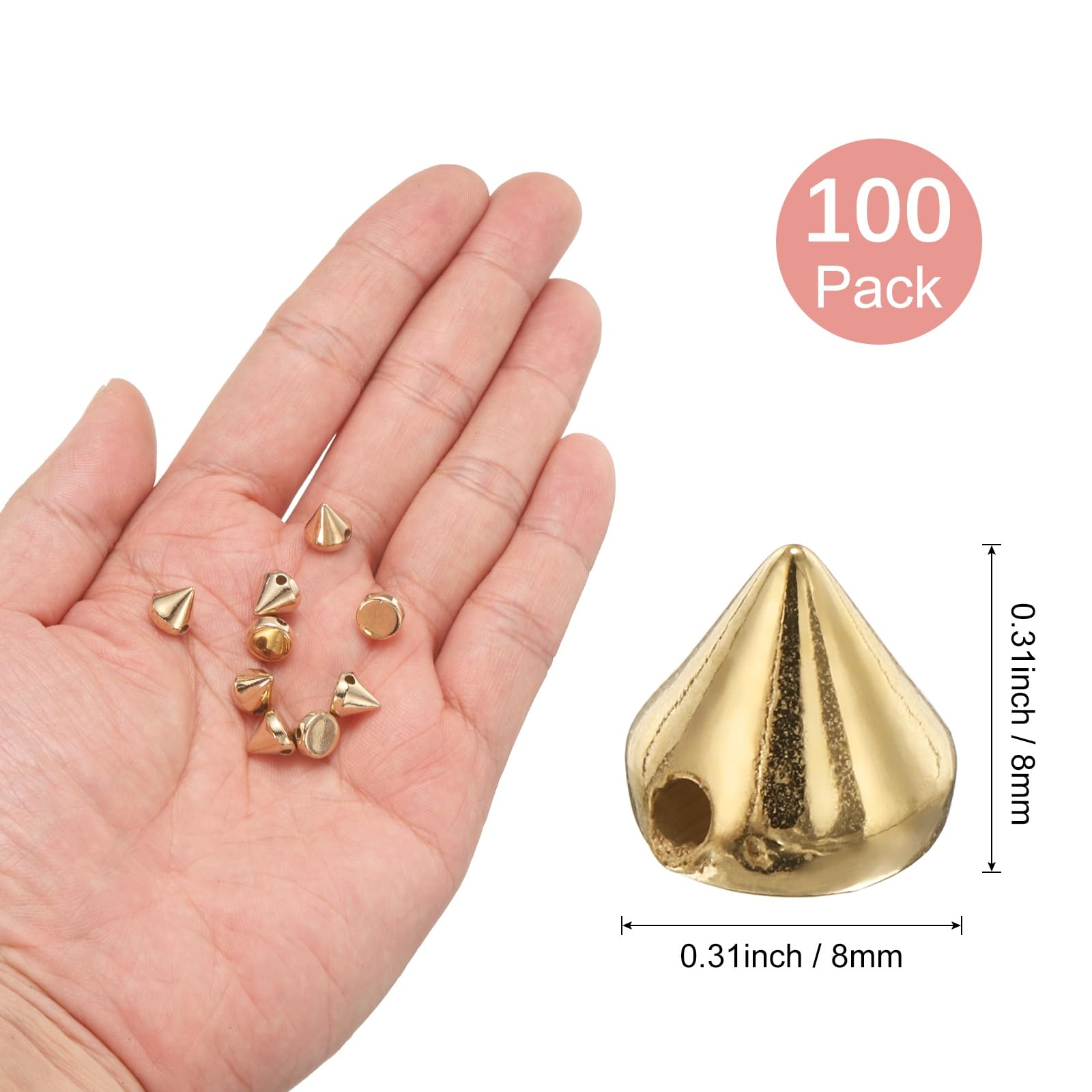 M METERXITY 100-Pack Spike Cone Studs 8x8 mm Plastic Flat Back Sew on Punk Style Spike Stud with Hole for Garments/Shoes/Bags/DIY Leather Craft/Fabric Clothes Gold - Image 3