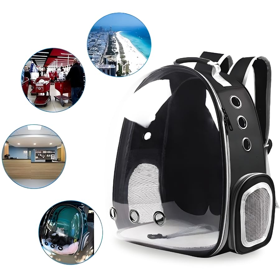Retoo Katzenrucksack Hunderucksack mit Vornes Transparentes Fenster und Reißverschluss, 42x35x25cm, Transporttasche mit Belüftungslöchern, Verstellbare Gurte, für Katzen und Kleine Hunde, Schwarz