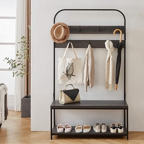 Miniatura 2 de IBF Perchero con banco de zapatos, árbol de pasillo 3 en 1 con banco de almacenamiento para entrada, árbol industrial de metal y madera con estante