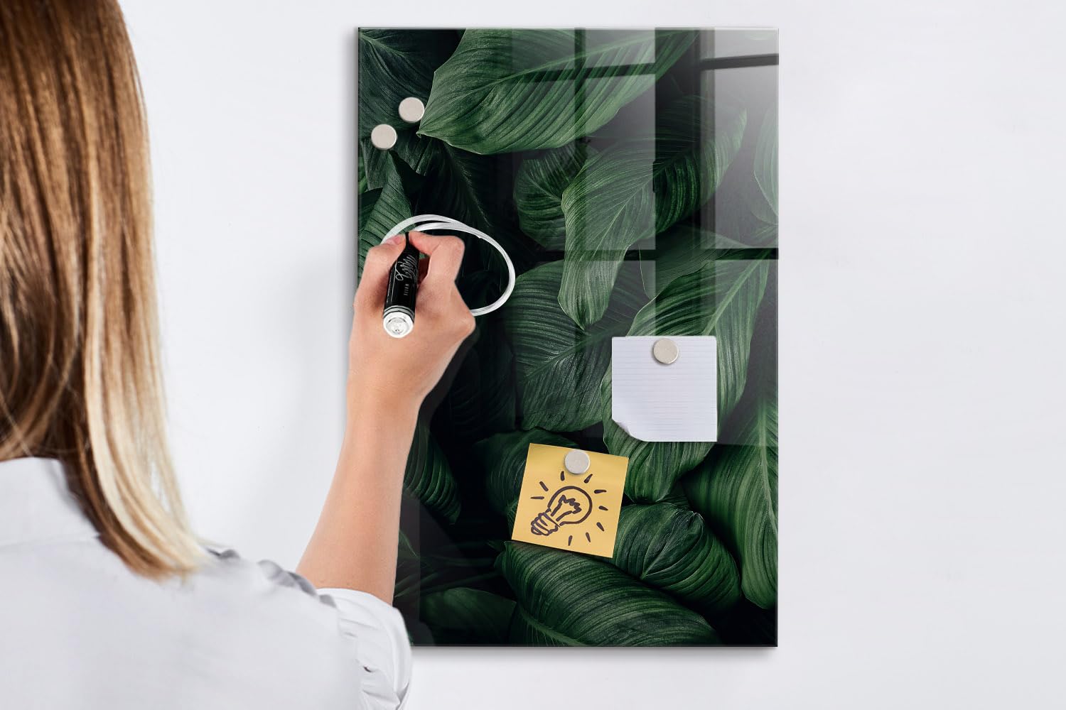 Glas-Whiteboard magnetisch inkl. Neodym-Magnete, Marker & Schwamm | Kratzfest, abwischbar & modern | Für Arbeitszimmer, Schule & Küche - 40x60 - Dschungel aus Pflanzenblättern