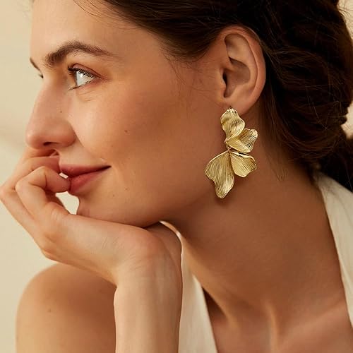 Miniatura 6 de Aretes de oro para mujer, chapados en oro de 18 quilates, diseño de hoja de flor, concha de ángel, aretes grandes hipoalergénicos