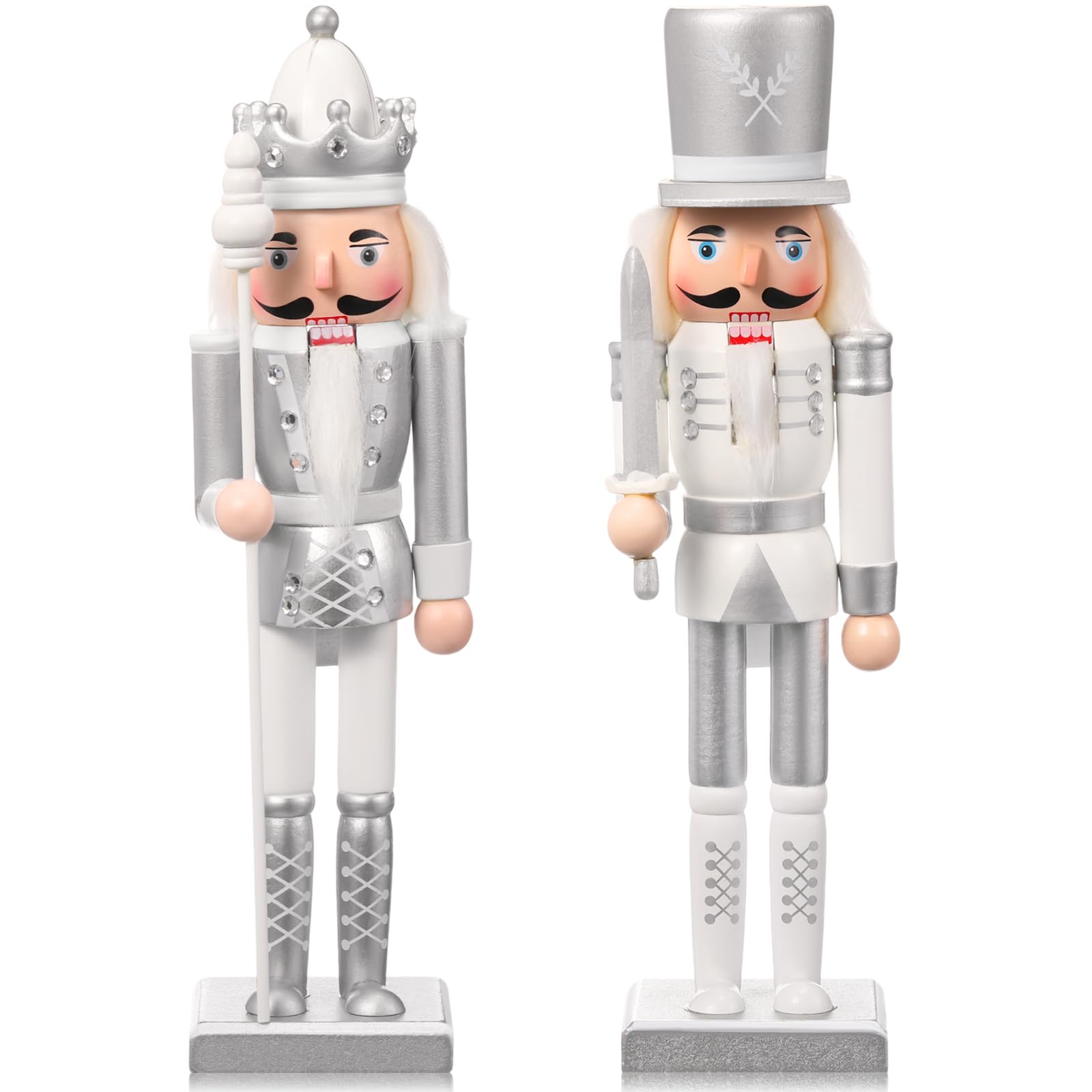Huwena 2 Pcs Christmas Nutcracker Ornaments Wooden Nutcracker Soldier Figure Decor 12 Inch Holiday Festive Figures for Xmas Party Shelves Table Decoration(Silver)