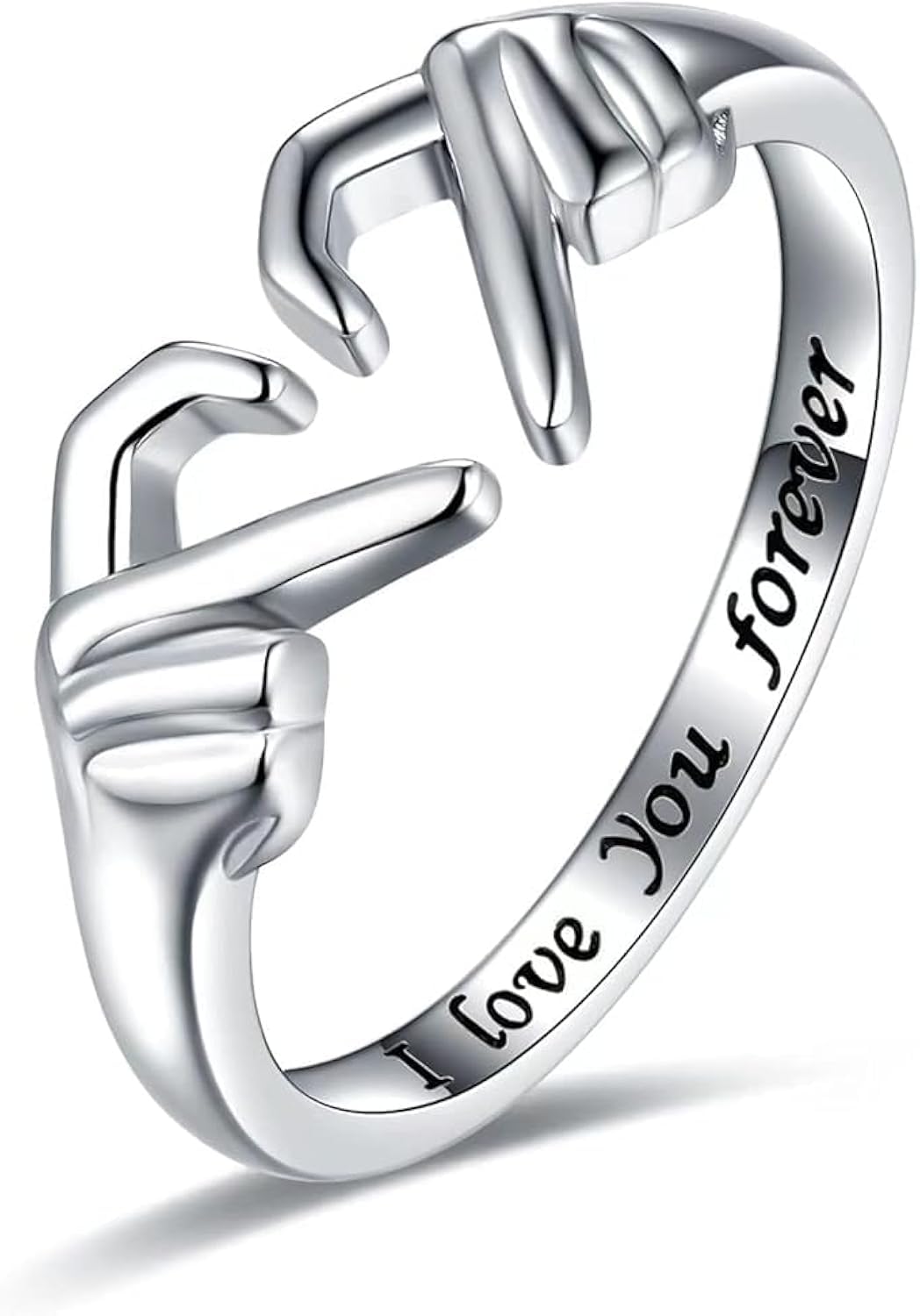 DuMesho Heart Hug Ring, Silver Adjustable Heart Ring Hugging Hands Ring Engraved I Love You Forever for Friendship Promise Ring Hug Rings for Women Girls