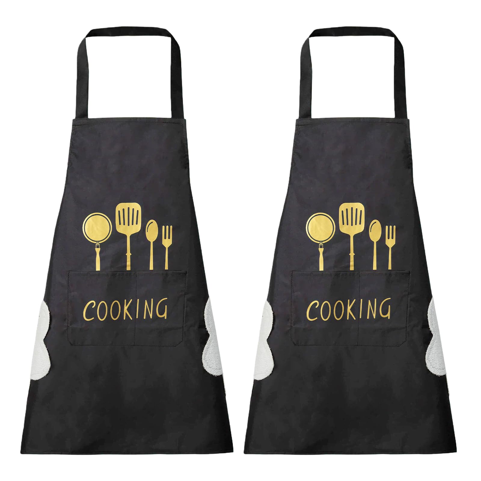 Dillman Unisex Black + Black Women Kitchen Apron With Hand Wipe Pockets，Big Pocket,Hand-Wiping, Waterproof For Cooking Baking, Large