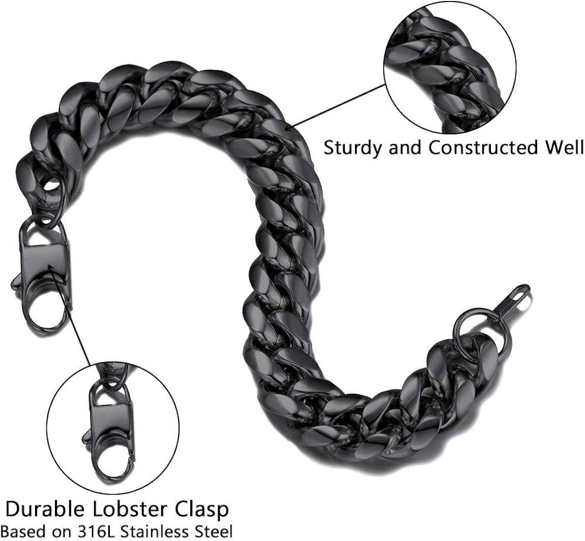 Chunky Chain Bracelet Mens Black Bracelet Miami Cuban Link Chain Bracelet 14MM Black HandChain: Clothing, Shoes & Jewelry