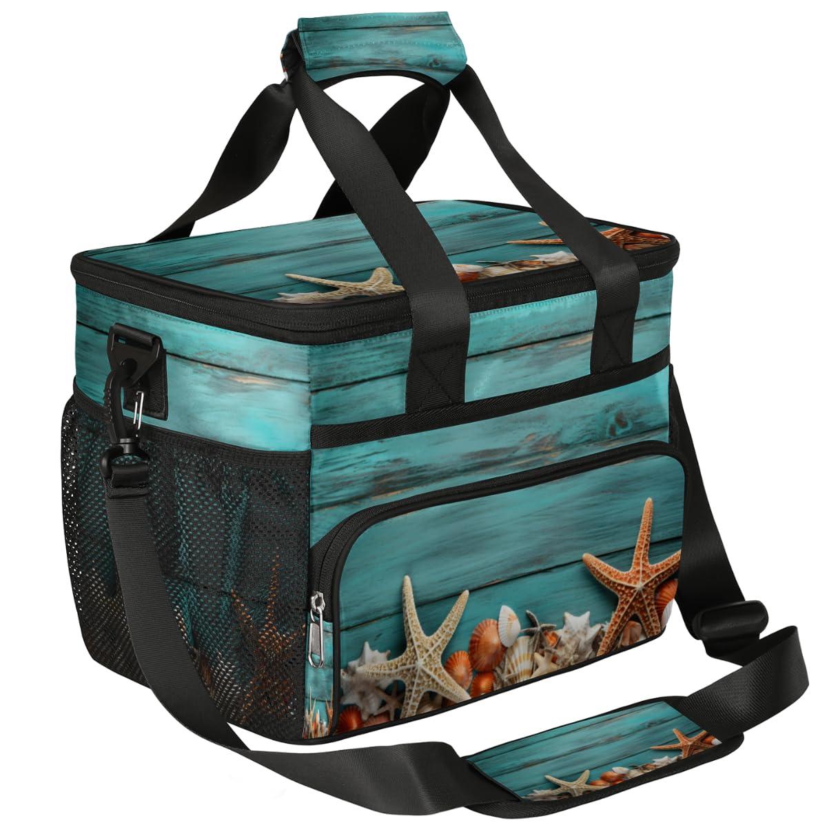 Blue Wooden Insulated Picnic Backpack Lunch Box for Women Men Picnic Basket Tote Lunch Bag Picnic Bag Portable Lunch Bags for Picnic, Beach, Work, Trip,Office, Camp Starfishes Sea Shell