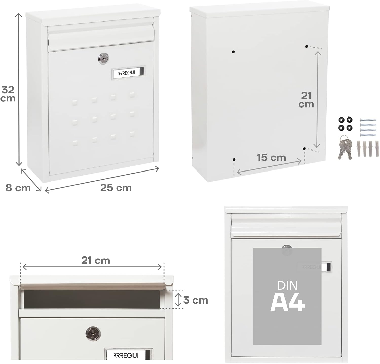 Arregui Exterior Steel Mailbox, Individual Mailbox, Medium Wall Letterbox, Groupable, Narrow Bottom, Easy to Install, White, Size M (DIN A4) - 32 x 25 x 8 cm