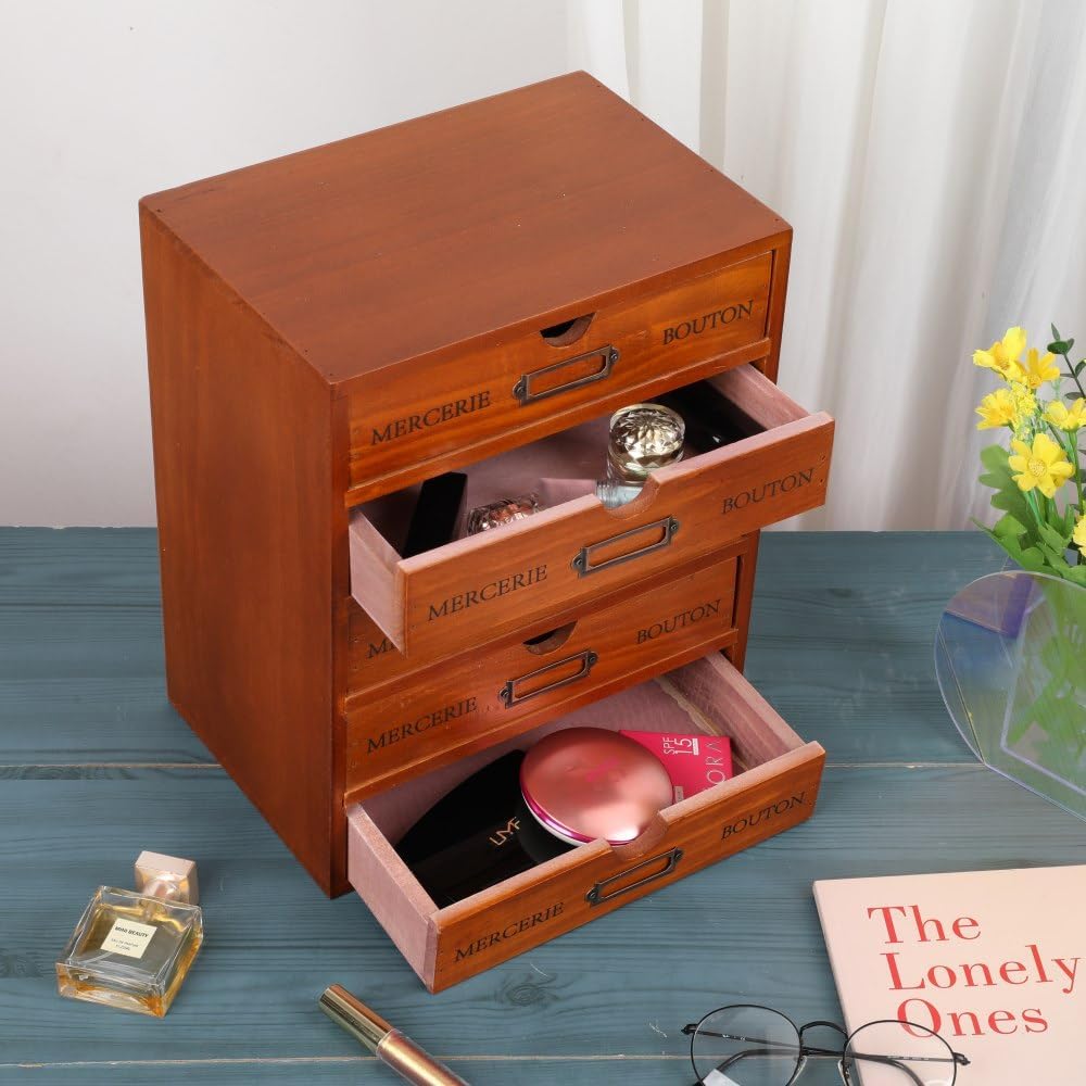 Wooden Storage Box with 5 Drawers Apothecary Drawers Vintage Wooden Drawers Wood Desktop Organizer with Drawers Countertop Drawers Library Card Catalog Cabinet Apothecary Cabinet （BROWN）