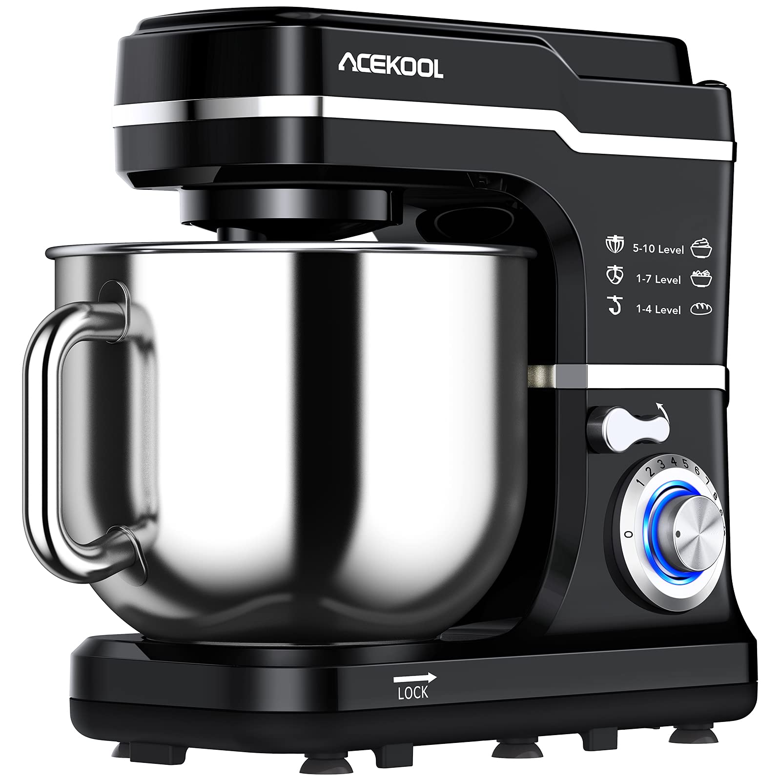 Acekool Stand Mixer 660W 10-Speed 7.5 Qt Tilt-Head Food Mixers, Kitchen Electric Mixer with Stainless Steel Bowl,Dough Hook,Whisk, Beater, Splash Guard, Black, Large, MK-5101