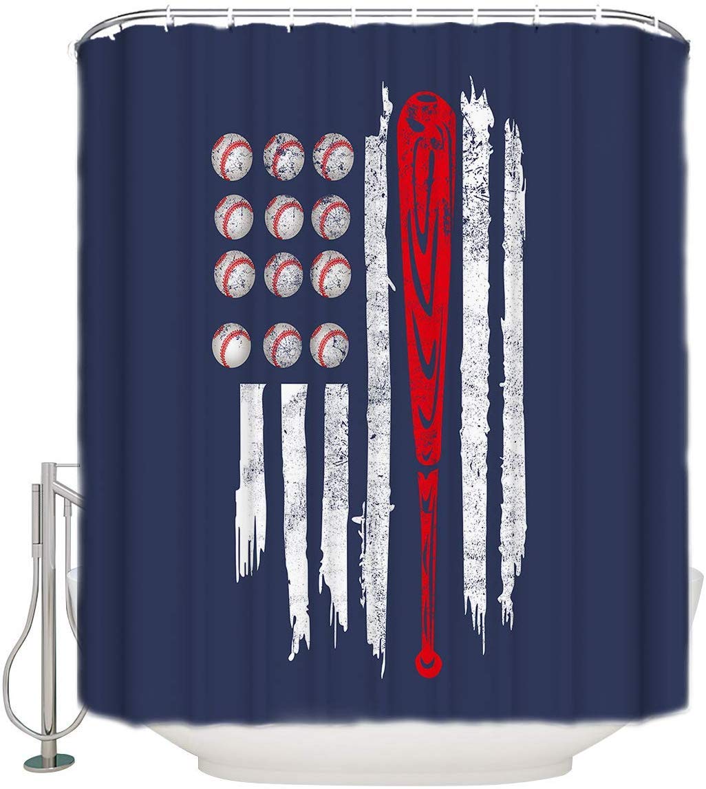 Baseballs American Flag Bathroom Shower Curtains,Durable Shower Curtain Home Decor Waterproof Polyester Fabric Bathroom Shower Curtain with Plastic Hooks 72x72in