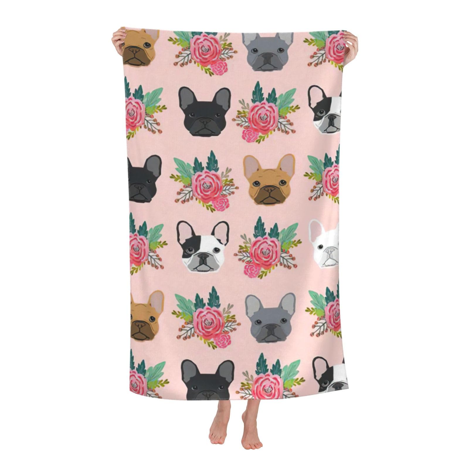 NImongt French Bulldog And Flowers Print Oversized Adult Beach Towel For Travel Weekend Getaways Festivals Camping Trips