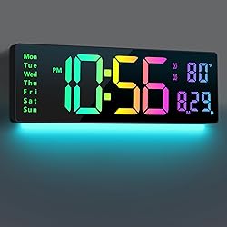 Digital Wall Clock Large Display 16", Digital Clock with 11 RGB Colors Changing Remote Control, LED Clocks with Night Lights for Living Room Bedroom Office Classroom Decor, Auto DST (Multicolor)