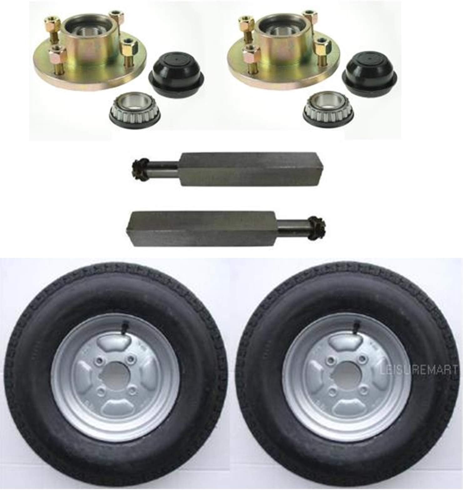 leisure MART Trailer axle set 2 x taper hubs 4 inch PCD 2 x square stub axles 2 x 10 inch 6PR wheels and tyres Pt no. LMX2324