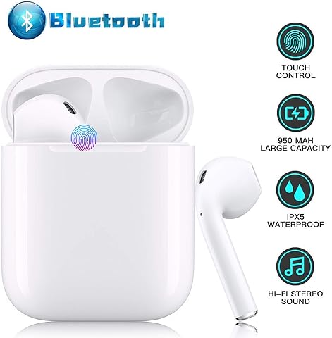True Wireless Earbuds Bluetooth 5.0 Touch Control Headphones 3D Stereo Sound in-Ear Headsets Built-in Mic Earphones with Portable Charging Case (white)