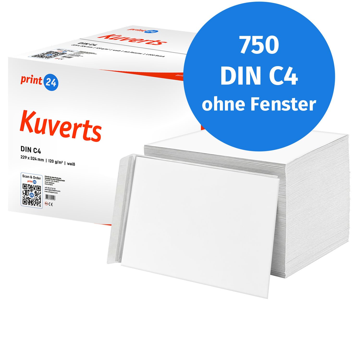 NEU: print24 Briefumschläge ohne Fenster, DIN C4, unbedruckt, 750 Stück