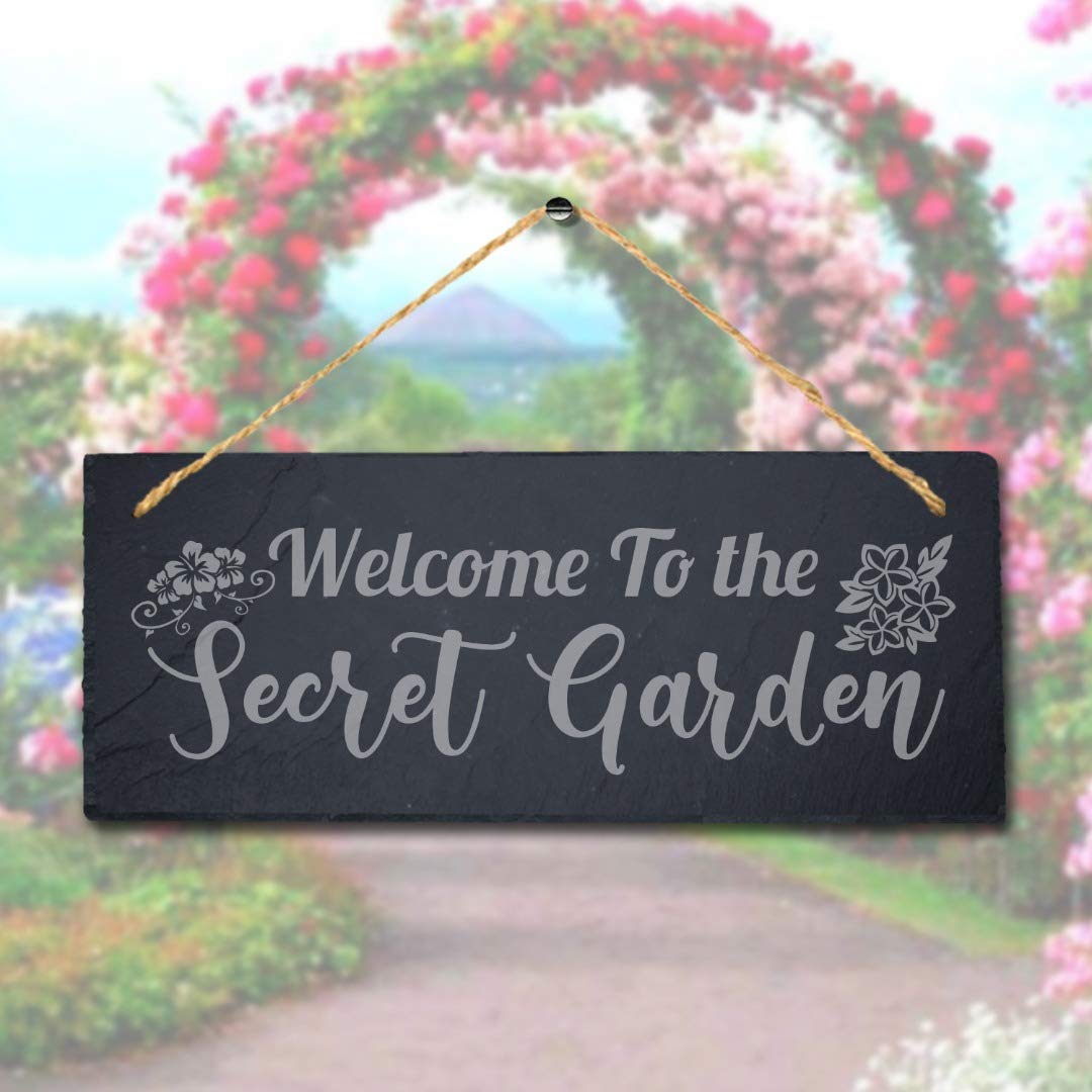 Stukk Natural Engraved Slate Stone Plaque Welcome To The Secret Garden Laser Hanging Home Decor Sign, 30X12cm (Large)
