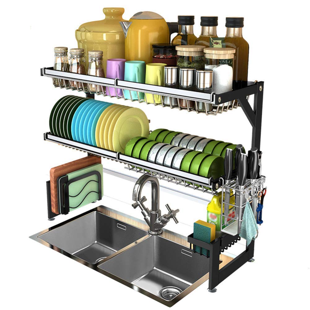 Amazon.co.jp: Kitchen Dish Rack Oversink, Adjustable Dish Drainer Stainless  Steel Dish Drying Rack Over Sink Kitchen Utensil Storage Shelf - Black 2  Tier 24 : Home u0026 Kitchen