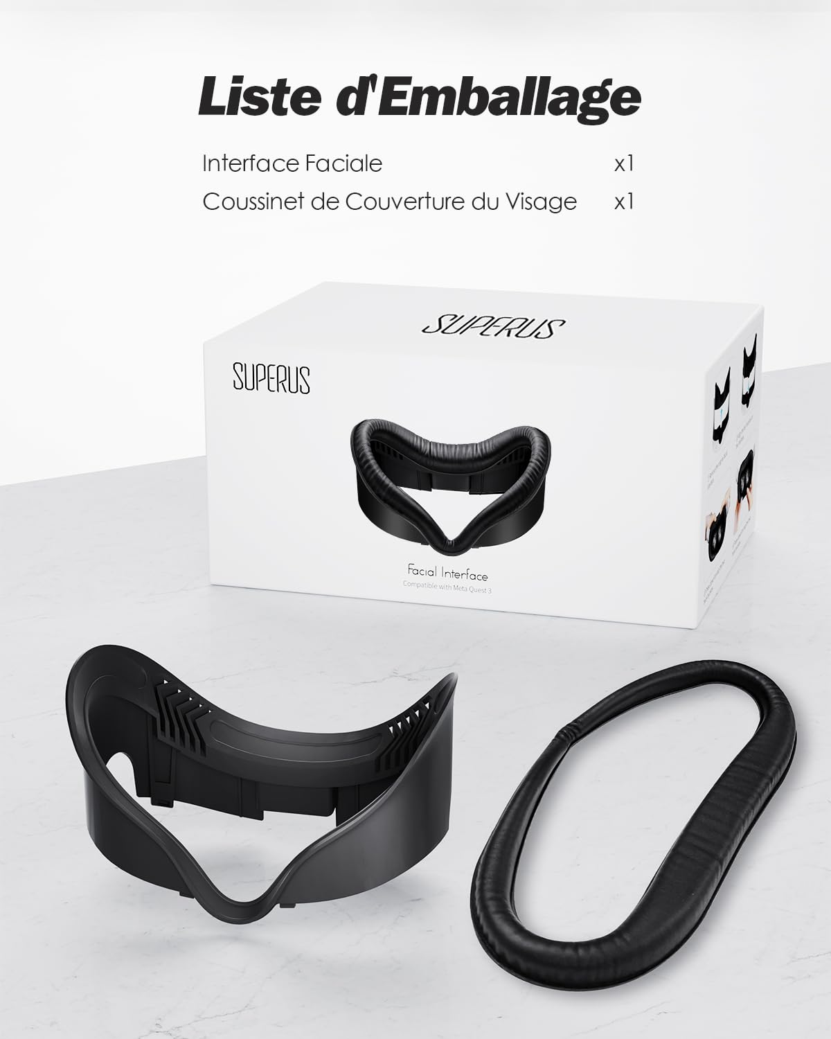 SUPERUS Interface Faciale & Face Cover Pad pour Meta Quest 3 - Accessoires VR Compatible avec Meta/Oculus Quest 3, Coussin en Cuir PU Souple Anti-Fuite de Lumière pour Quest 3