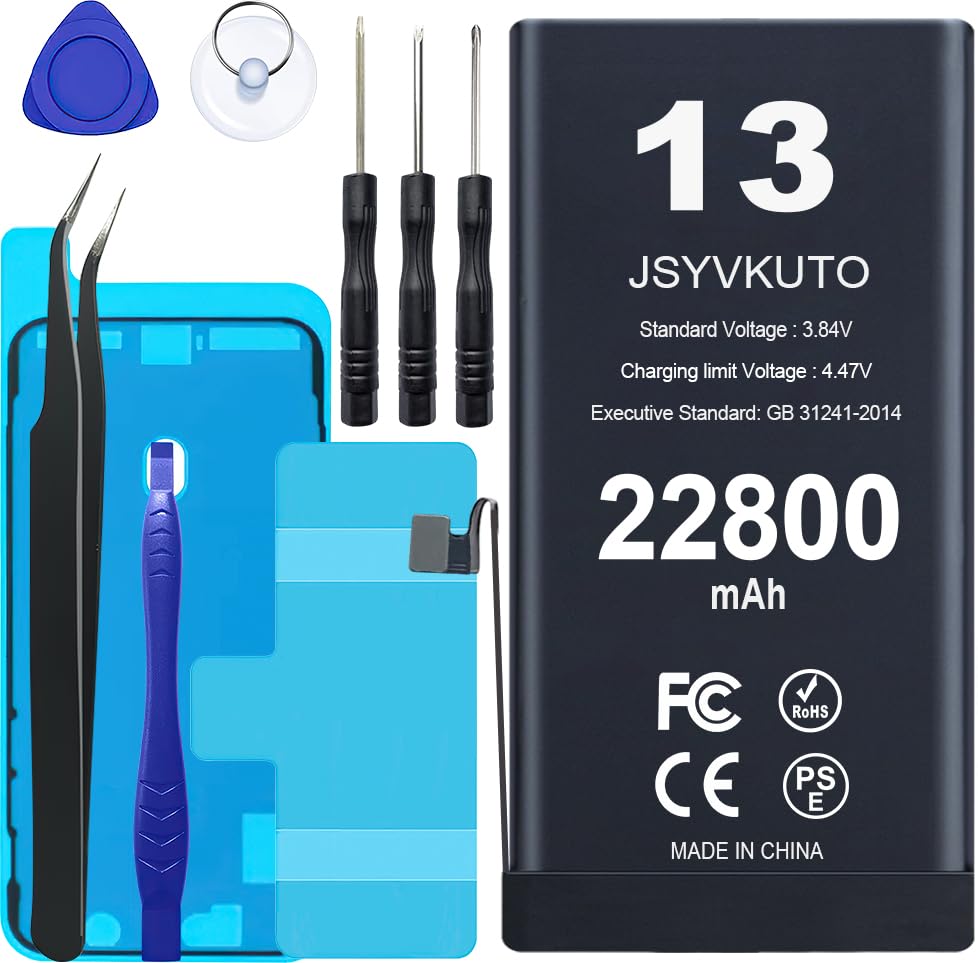 JSYVKUTO 22800mAh Battery for iPhone 13, 0 Cycle Higher Capacity Replacement Battery for iPhone 13 with Full Set Repair Tool Kits, Model A2482 A2631 A2633 A2634 A2635