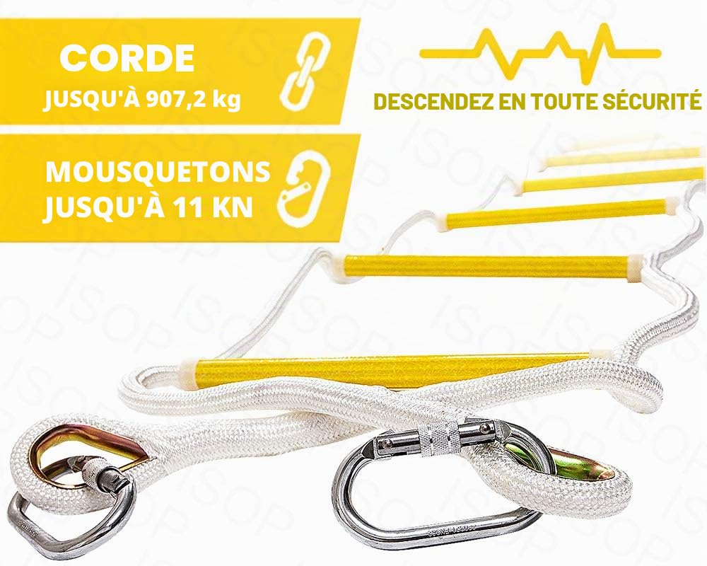 ISOP Échelle d'urgence en Cas D'incendie Échelles de Corde de Sécurité de 2,5 m (8 pi) avec Mosquetones - Compacte et Légère - Capacité de Charge jusqu'à 900 kg
