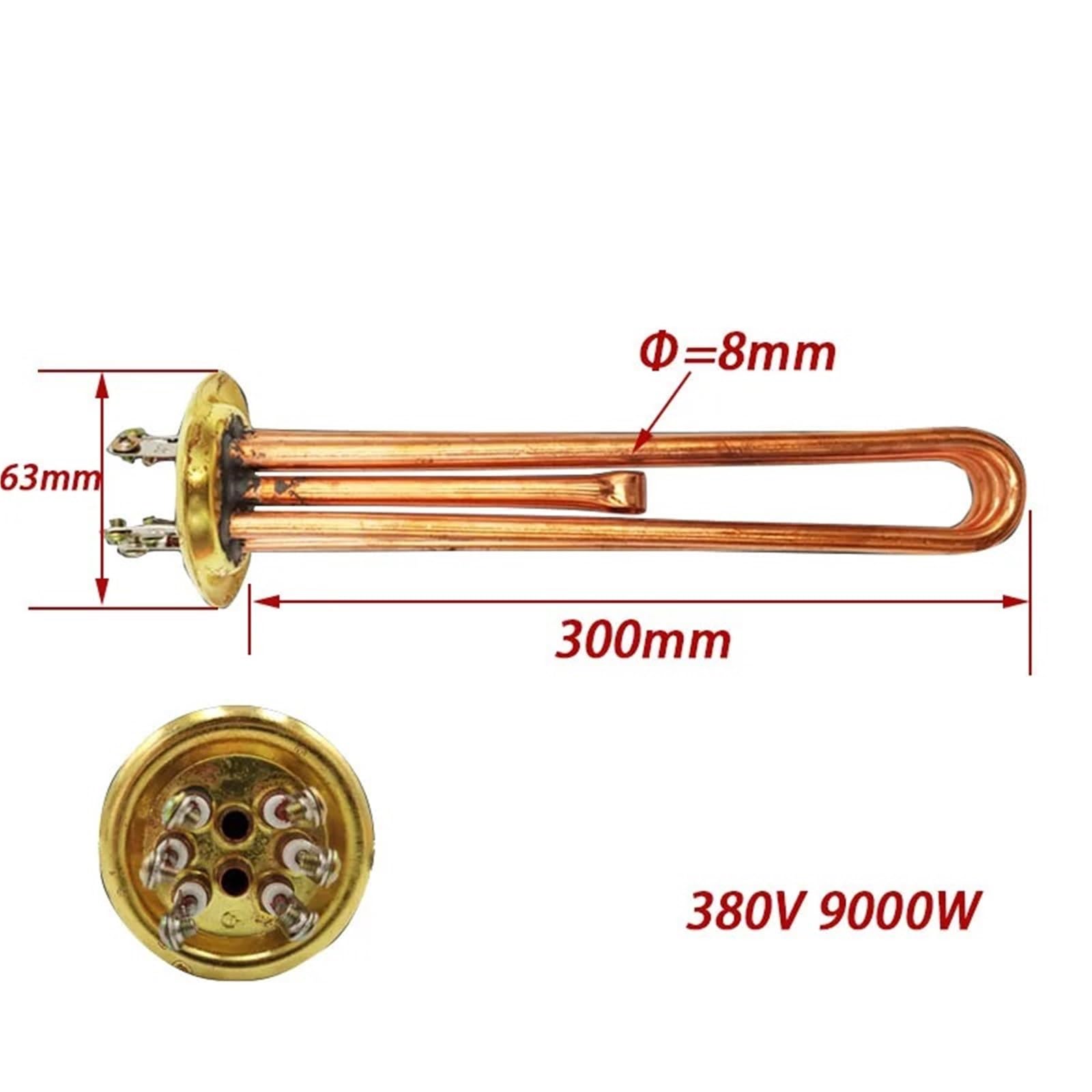 Riscaldatore istantaneo a 3 fasi, 380 V, 9 kW, flangia rotonda da 63 mm, in rame, ad immersione, 1 pezzo (B 380 V, 9 KW)