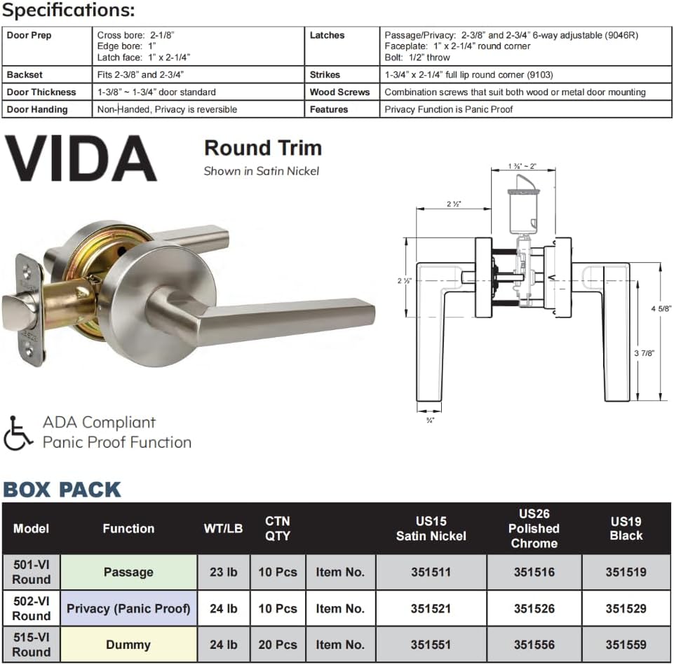 Delaney Hardware Vida Collection 351551 Dummy Door Lever Handle Lock Set for Closet and Sunroom, Satin Nickel