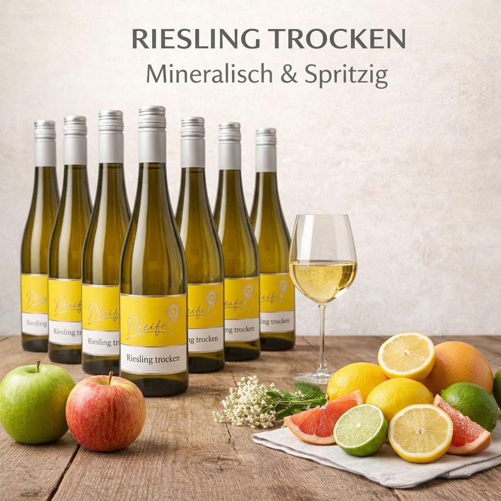 Riesling Trocken Weißwein 6x 0,75L – Trockener Weißwein Frisch & Fruchtig – Wenig Restsüße (4,4 g/l) – Lebendige Säure (6,7 g/l) – Perfekt zu Fisch, Geflügel & Leichten Gerichten