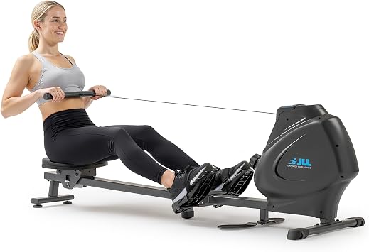 JLL Magnetic Rowing Machine Foldable Rower for Apartments & Home Gyms, 16 Resistance Levels, Bluetooth with SunnyFit App, Easy-Glide Wheels, Tilt-to-Store Upright Design