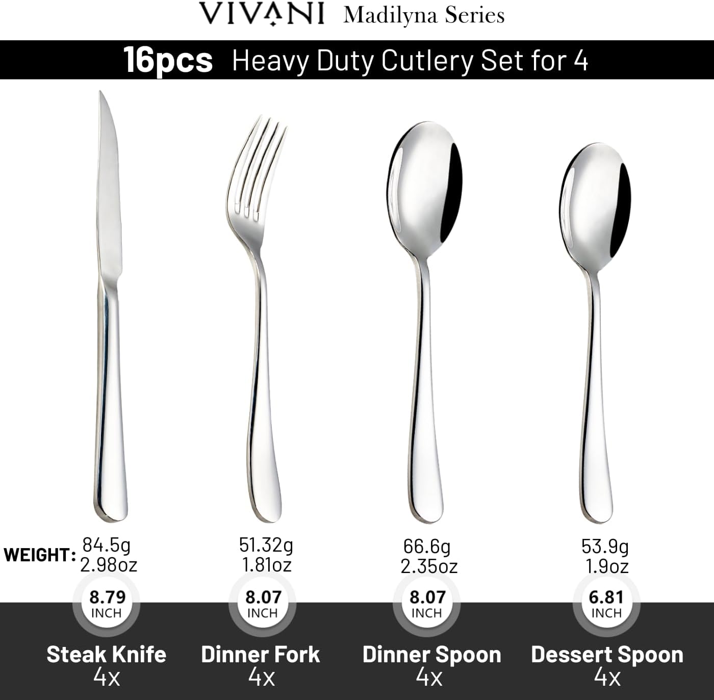 16 Piece Heavy Duty Silverware Set with Steak Knives for 4, Stainless Steel Cutlery Set, Modern Flatware Set, Utensils Set for Home, Dorms, Resturant, Cafes, Mirror Polished and Dishwasher Safe image 2 of 9 B0F9YKHTJ1
