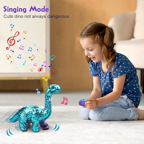 Miniatura 5 de Koonie Dinosaurio de lentejuelas para niñas, regalos de niña de 2 años, dinosaurio morado, control remoto, reversible, dinosaurio, puede repetir