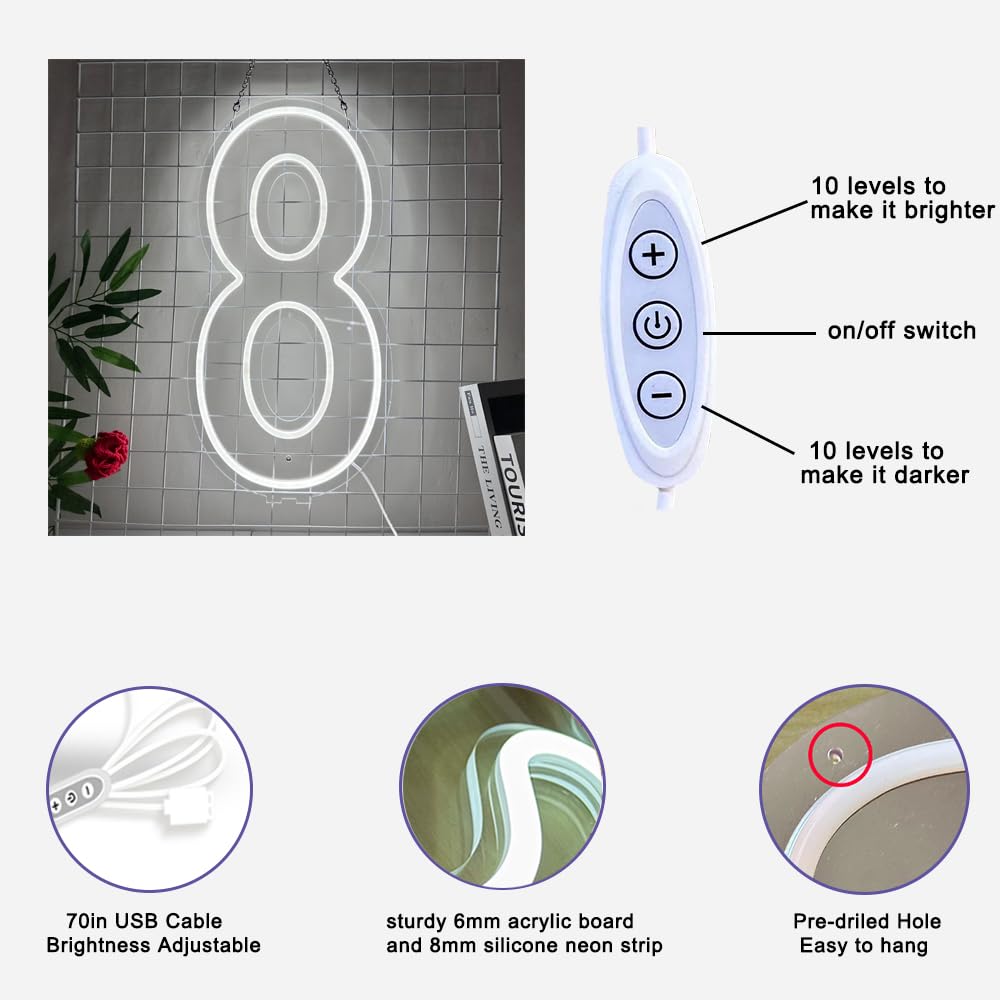 Targa LED al neon con numero 8, 50,8 cm, dimmerabile, luci bianche per feste di compleanno, montaggio a parete, alimentazione USB, 50,8 cm, numero 8