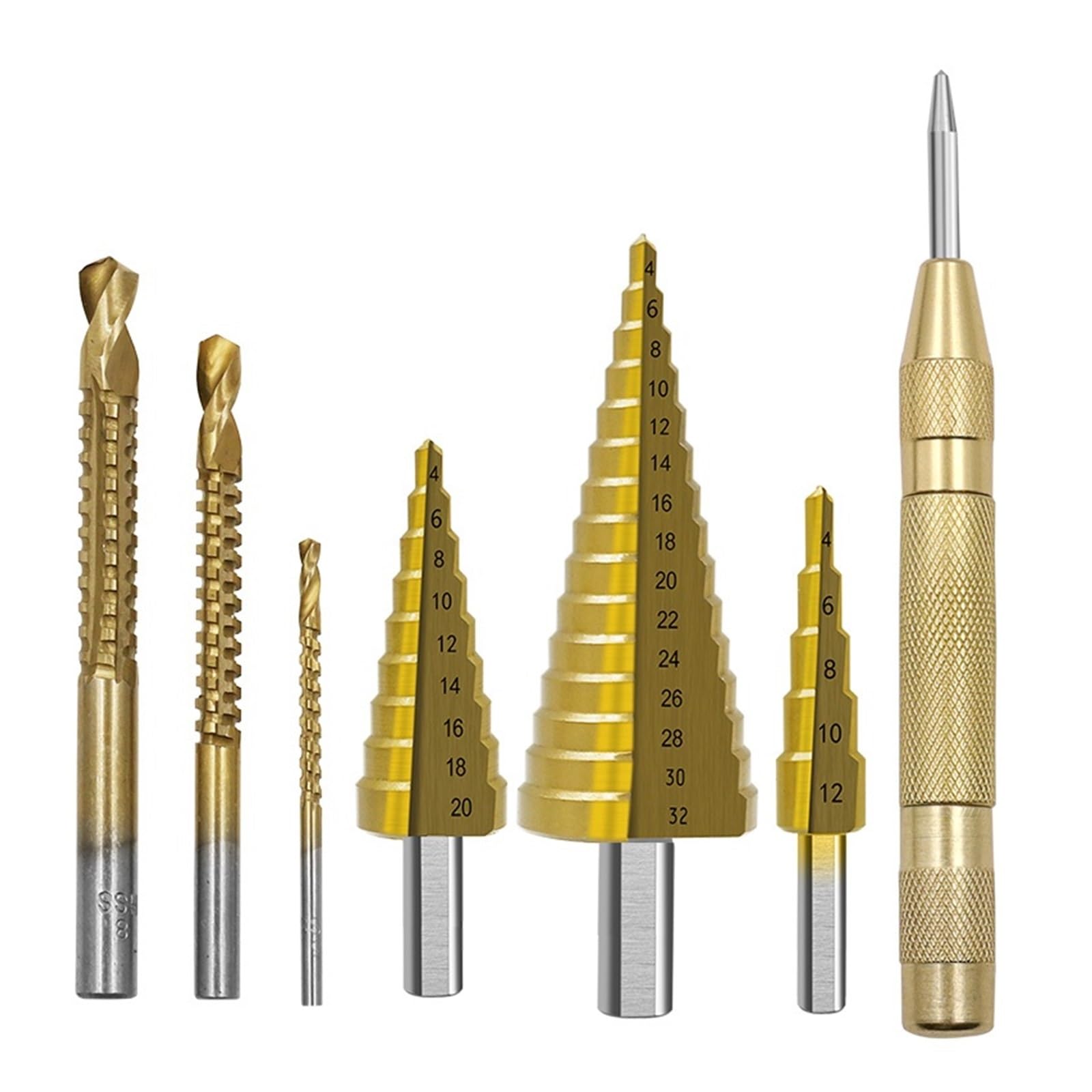 6 sztuk/7 sztuk wiertło stopniowe HSS Bit prosty rowek powlekany stożek otwór Cutter automatyczny punktacz spiralny wiertło kręte (Material : 6PCs without box)