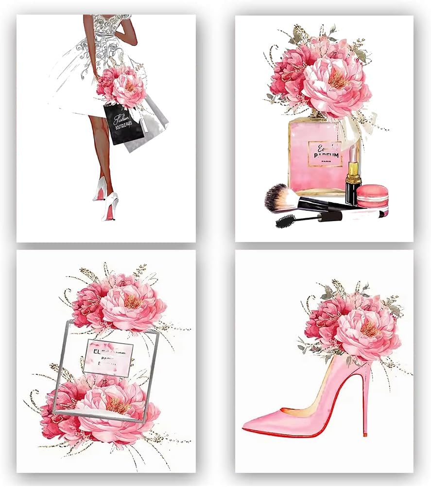 XUCVSPANTING Pink Makeup Wall Art Prints Fashion Wall Art Prints Perfume High Heels Lipstick Beauty Room Decor Girls Room Decor for Bedroom Decor,Set of 4(8"x10" UNFRAMED)