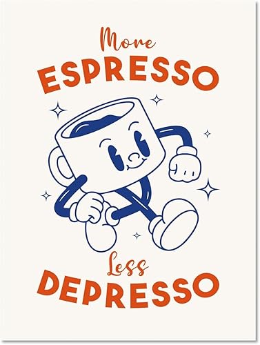 MINI ZOZI Arte retro de pared de café con texto en inglés "More Espresso Less Depresso", póster para decoración de habitación, lienzo, fotos con