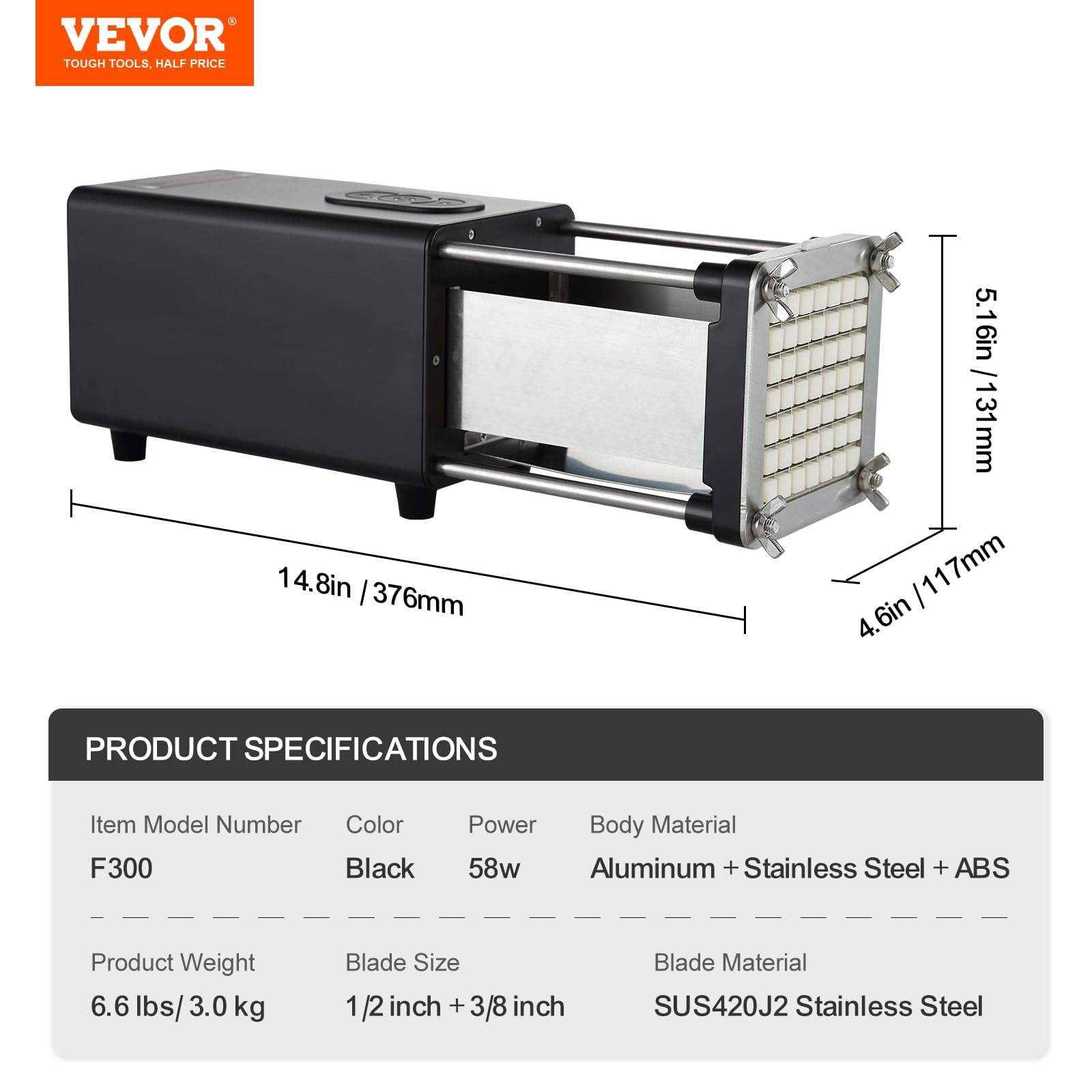 VEVOR Coupe-Frites Électrique, Coupe-Légumes Multifonction avec Lame en Acier Inoxydable de 12,7 mm et 9,5 mm, Trancheuse de Pommes de Terre avec Pieds Antidérapants, pour Concombres, Carottes