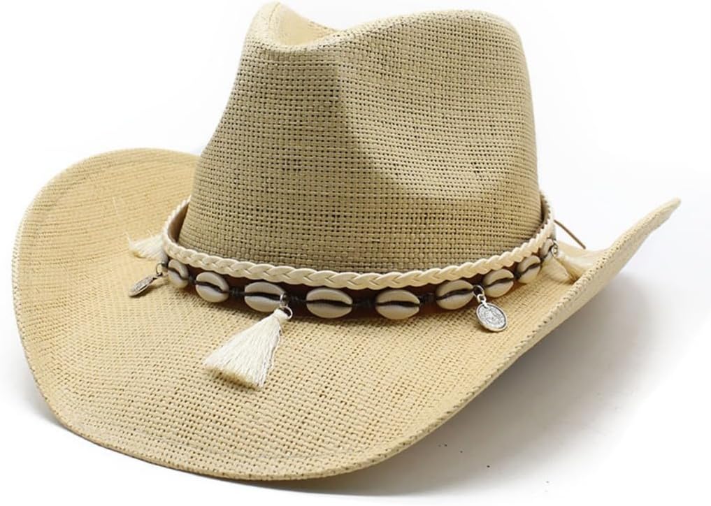 Western Cowboy Hat with Shell Band and Tassel, Straw Woven, Khaki Brown