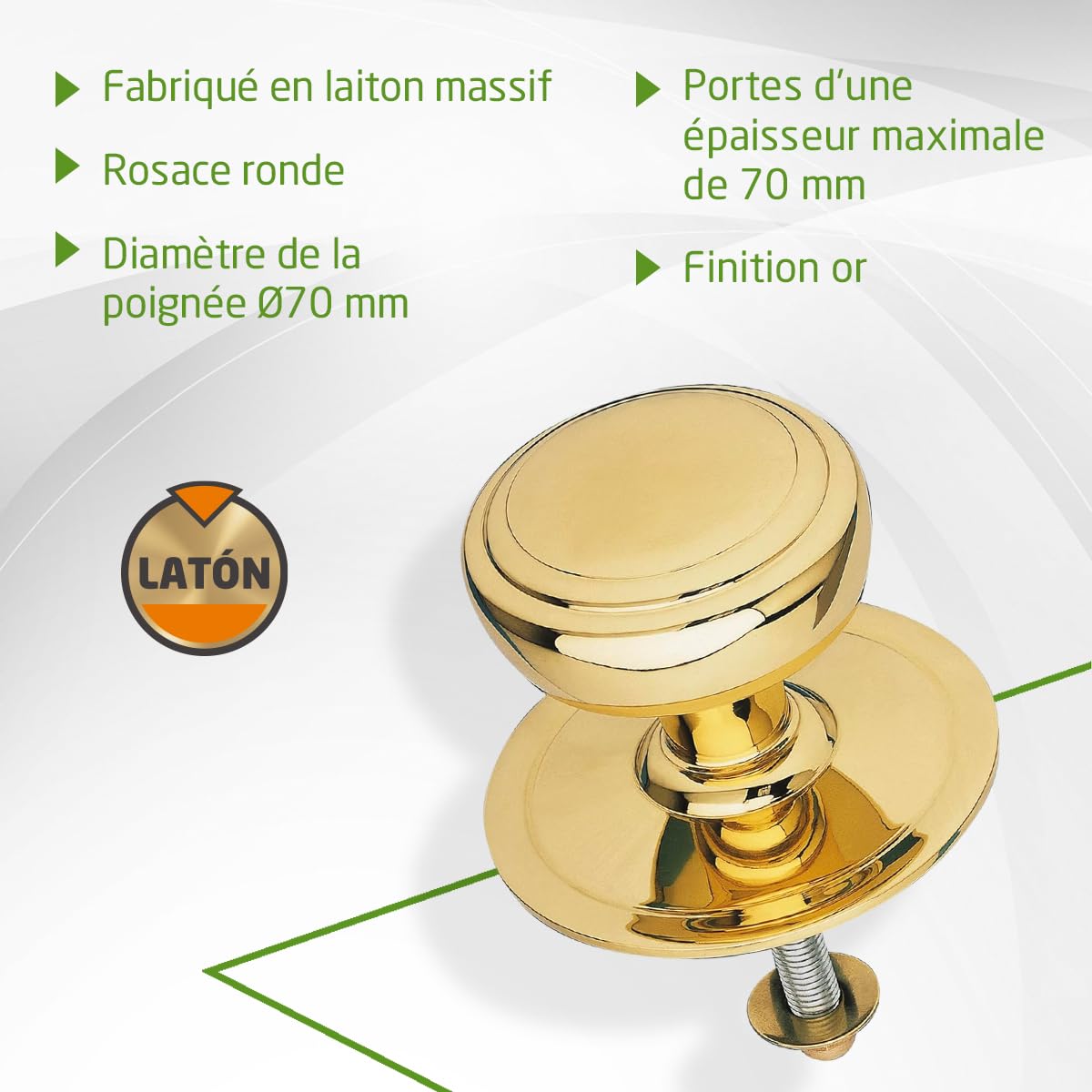 Amig - Modèle 12 Bouton de portes d’entrée extérieures en laiton poli | Diamètre poignée 70 mm Hauteur 68,5 mm | Facile à installer - Écrou de fixation inclus