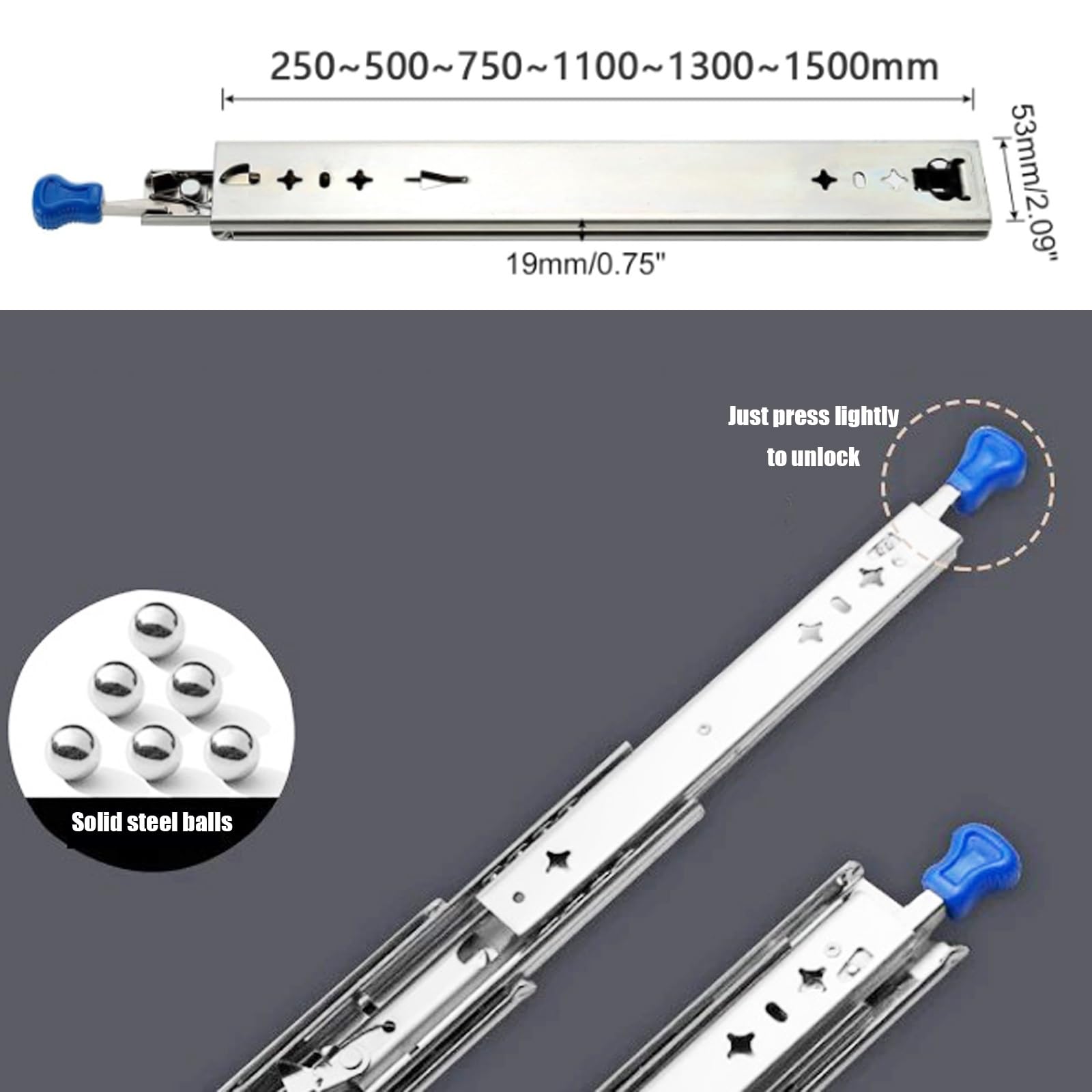 12", 26", 60", prowadnice szuflad z metalu, prowadnica teleskopowa, zamykane prowadnice szuflad, 3-krotne pełne wysuwanie, zamiennik do szafek (500 mm)