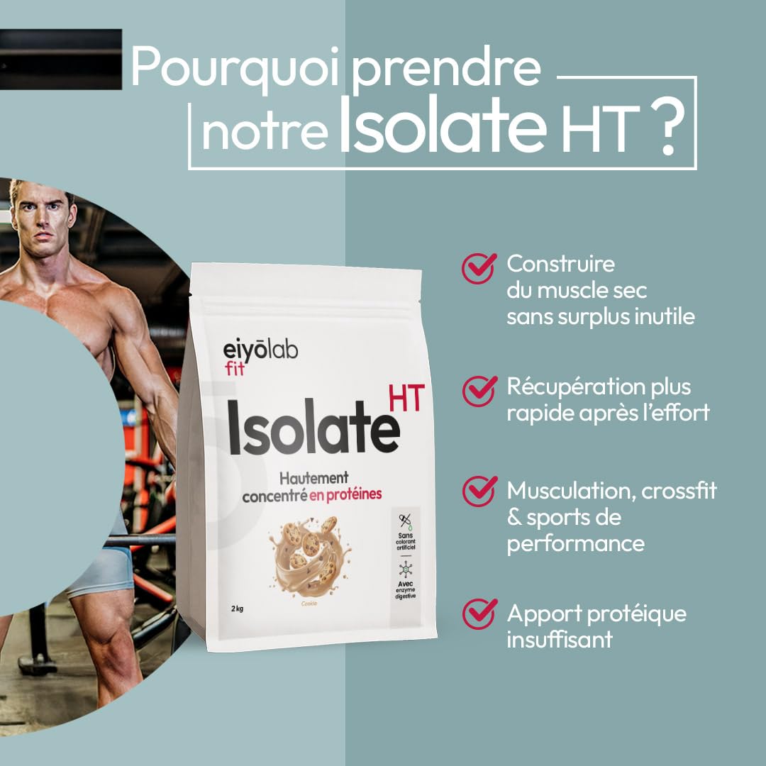 ISOLATE HT | Whey Aislado de Proteína en Polvo | Hasta 88% de Proteína | Rica en BCAA + Glutamina | Culturismo rápido y seco | Bajo en Lactosa | Sabor Cookie | 2 kg | Eiyolab