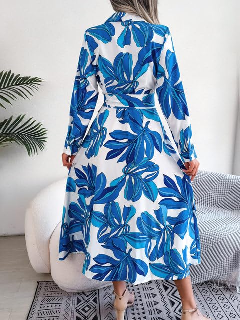Gufrina Women's Full Sleeve Collar Neck Western Dress - Floral Print Maxi Dress with Slit and Tie-Up Belt (Blue XL) 3