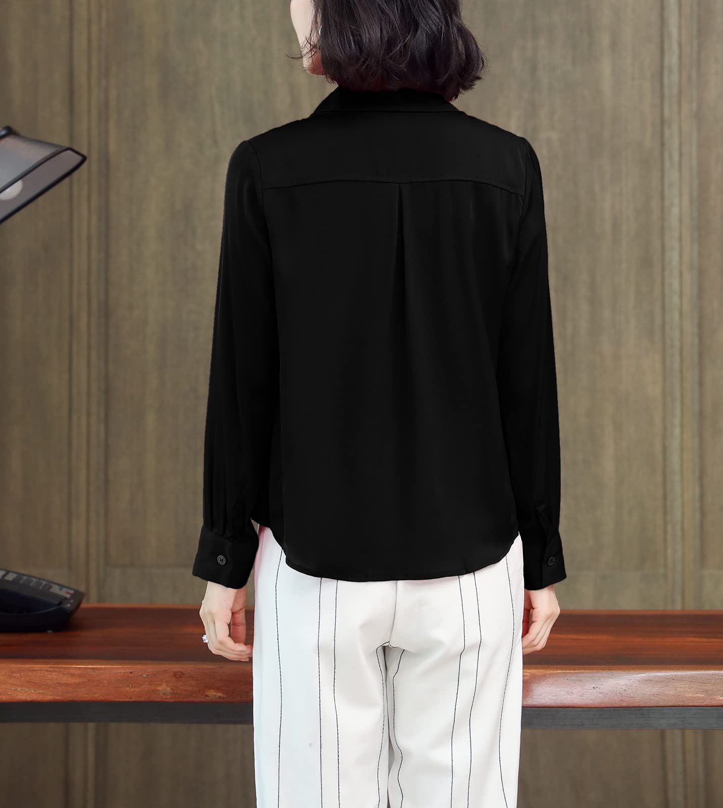 Valin Blusa de seda para mujer, camisa de seda sólida, con botones, blusa de manga larga con solapa, blusa de seda, S3371